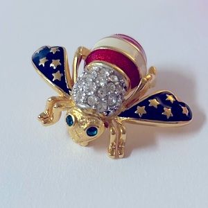 JOAN RIVERS Orig Patriotic American Flag Crystal Enamel Bee Pin/Brooch Gently Us